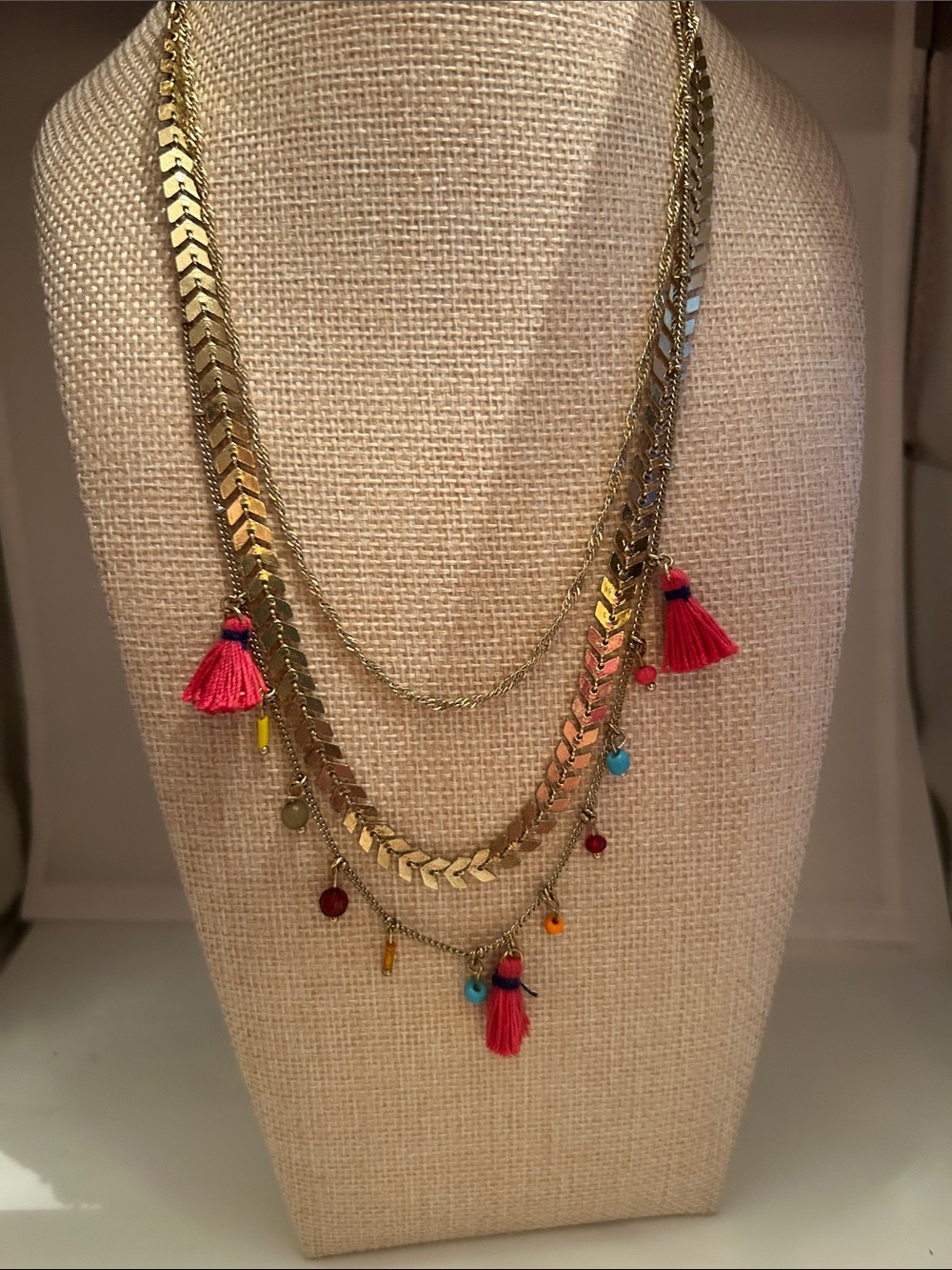 INC multi strand necklace gold tone textured pink tassels colored beads boho